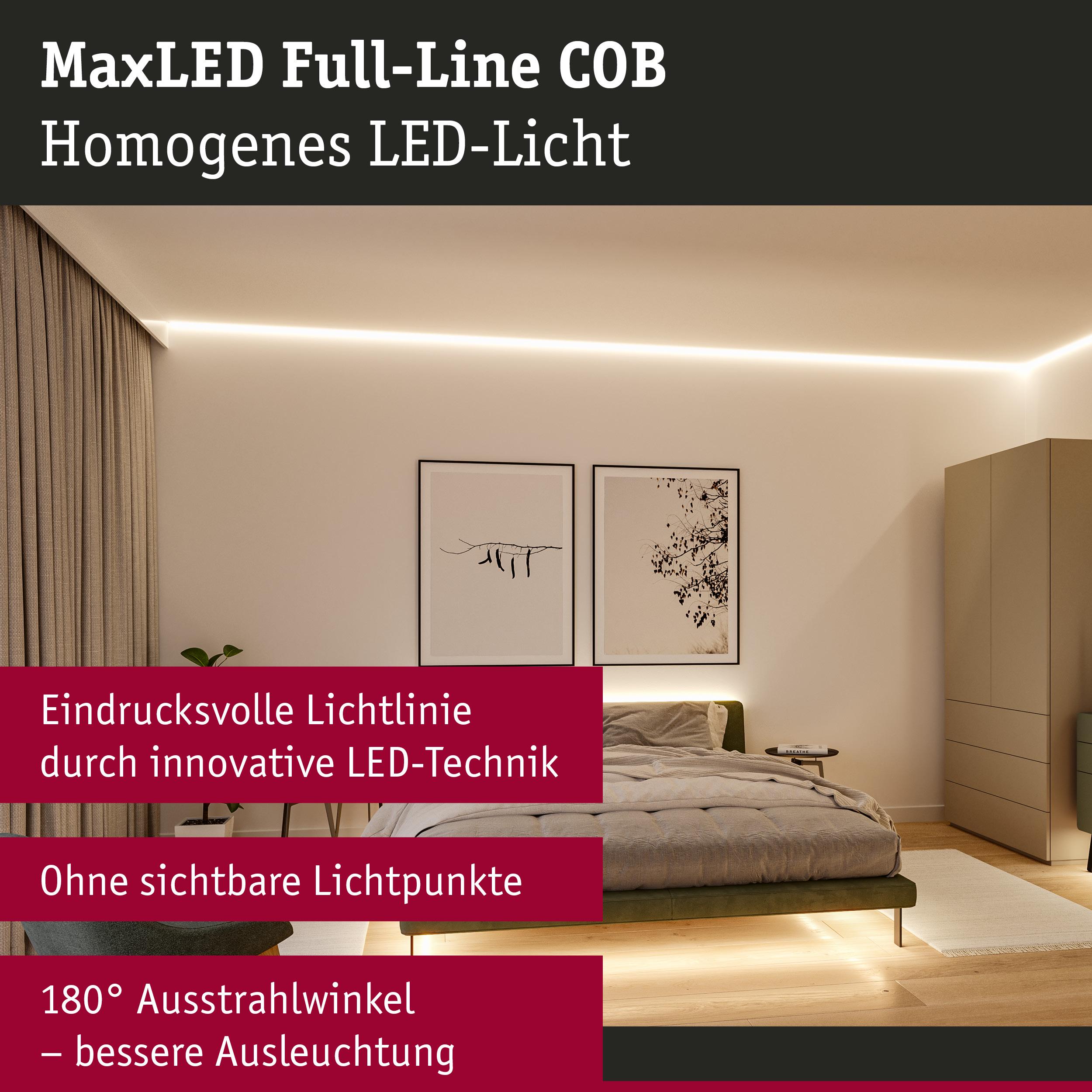 Modernes Schlafzimmer mit MaxLED Full-Line COB LED-Lichtlinie in warmweiß für homogene Beleuchtung