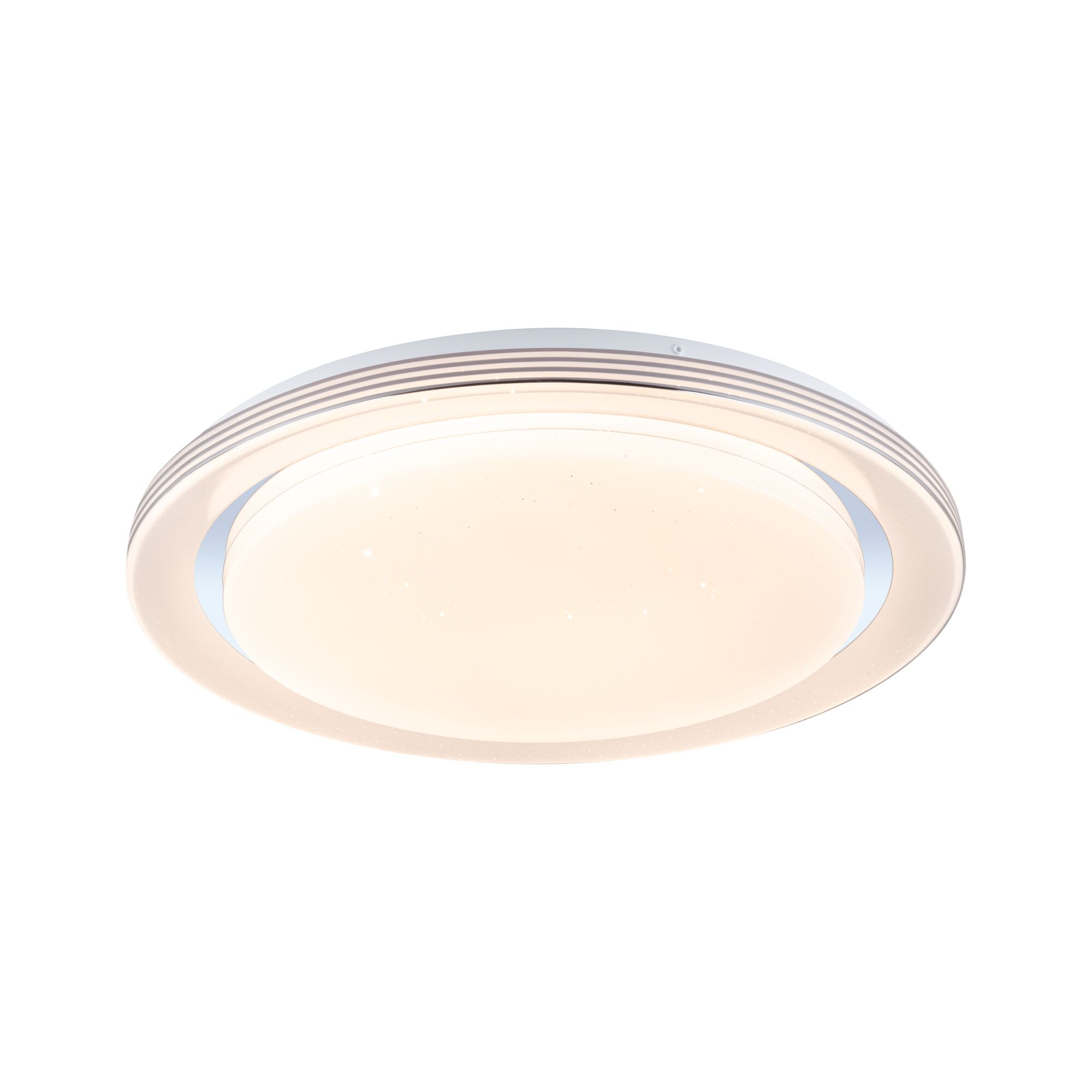 Round white LED ceiling light with star effect and modern design for living spaces.