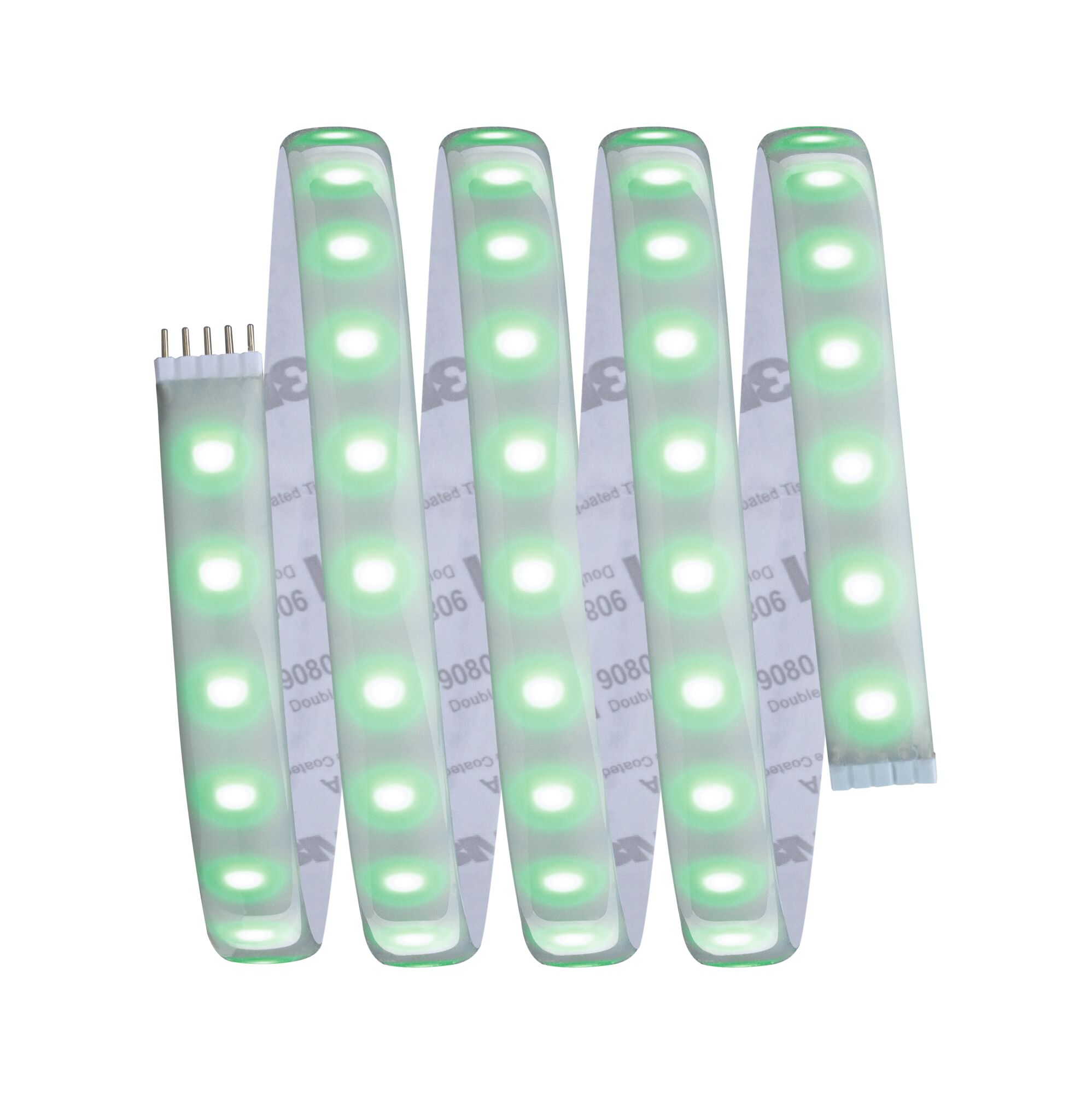 Flexibler LED-Lichtstreifen mit weißen und grünen LEDs in transparentem Material für dekorative Beleuchtung