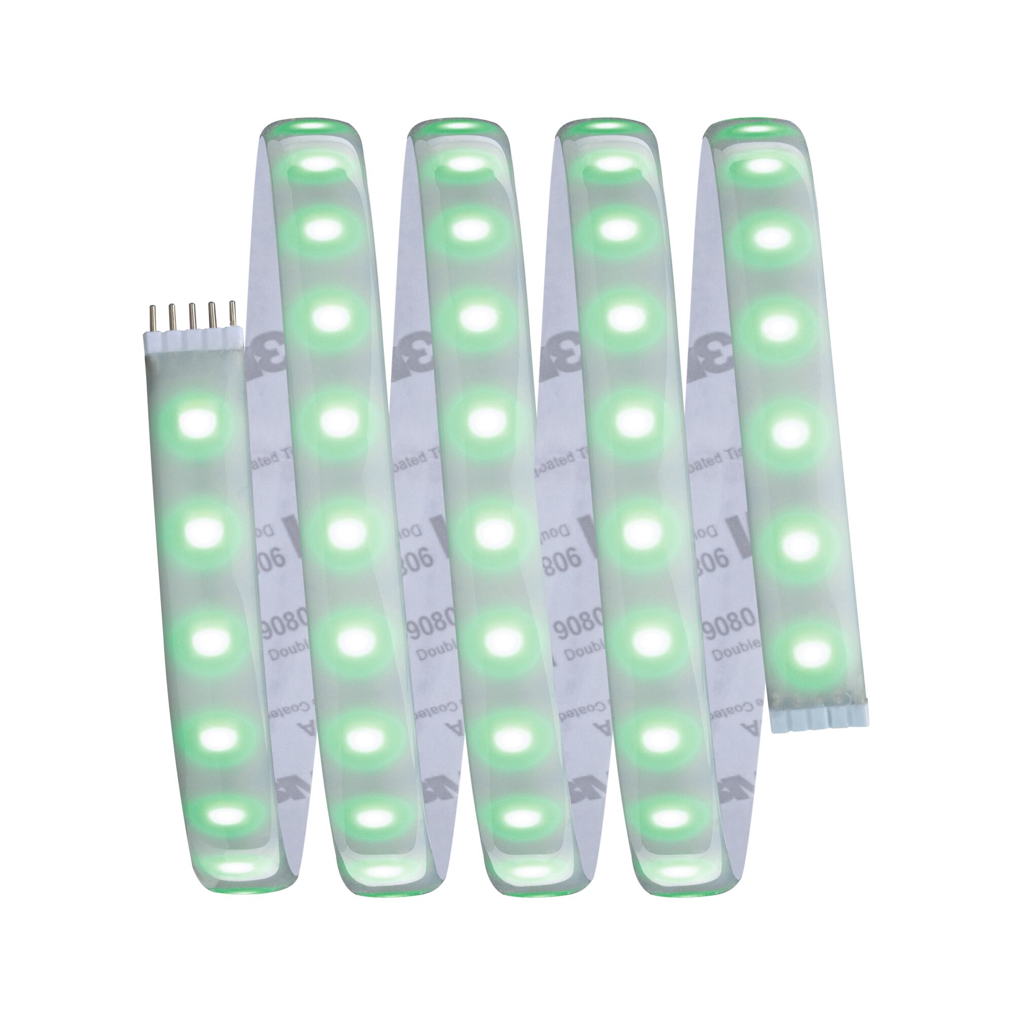 Flexibler LED-Lichtstreifen mit weißen und grünen LEDs in transparentem Material für dekorative Beleuchtung