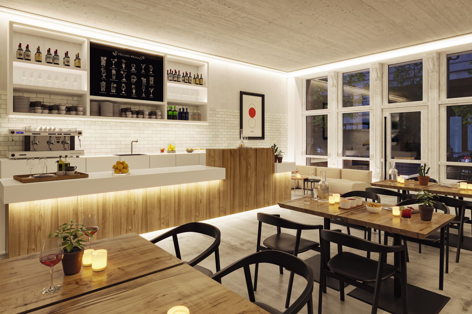 Moderne café med træ- og hvide elementer, varm LED-belysning og stilfuld bar med kaffemaskine.