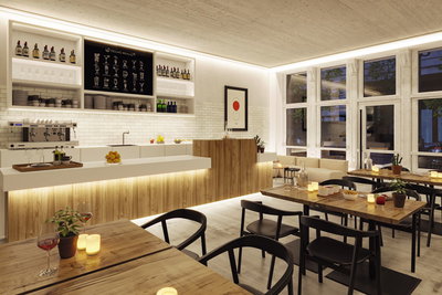 Modernes Café mit Holz- und weißen Elementen, warmen LED-Leuchten und stilvoller Bar mit Kaffeemaschine.