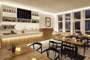 Modernes Café mit Holztheke, weißen Fliesen und indirekter LED-Beleuchtung für gemütliche Atmosphäre