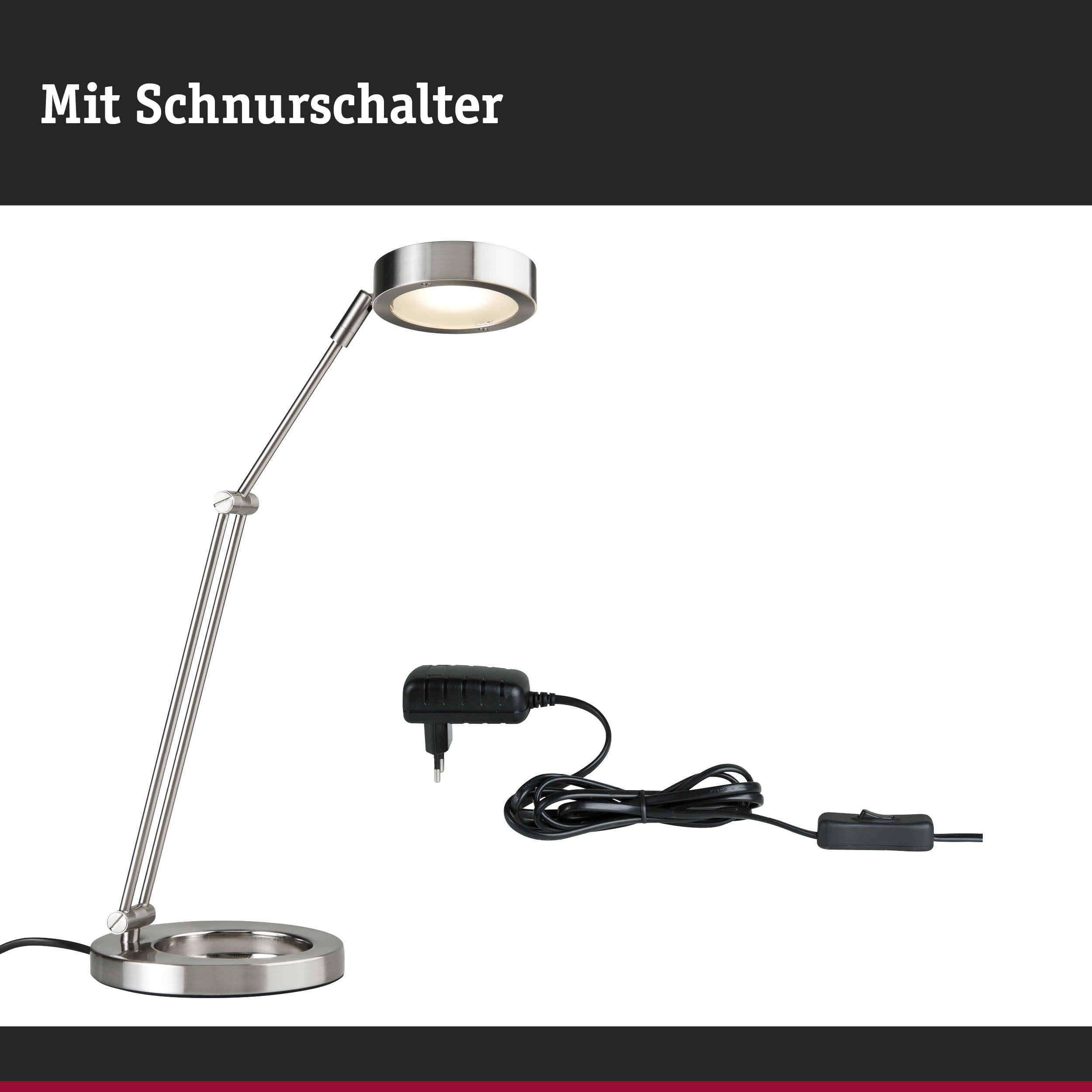 Moderne LED-Tischlampe aus gebürstetem Metall mit Schnurschalter und Netzteil für Bürobeleuchtung