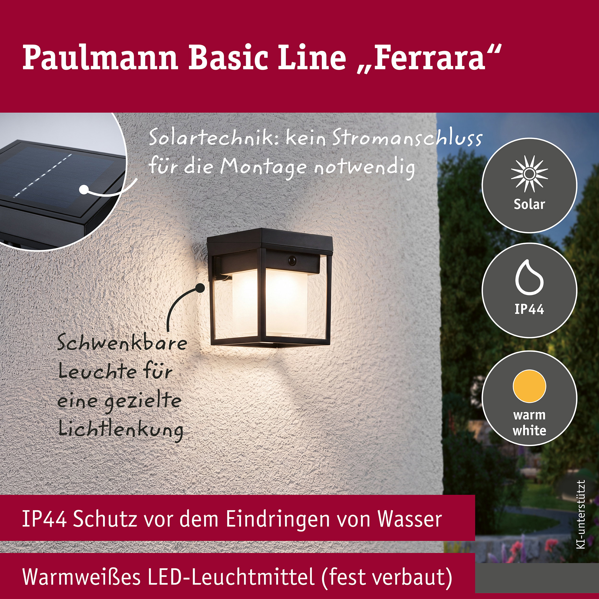 Solar LED Außenwandleuchte Ferrara IP44 eckig 121x156mm 3000K 4,2W 400lm 3,7V Schwarz