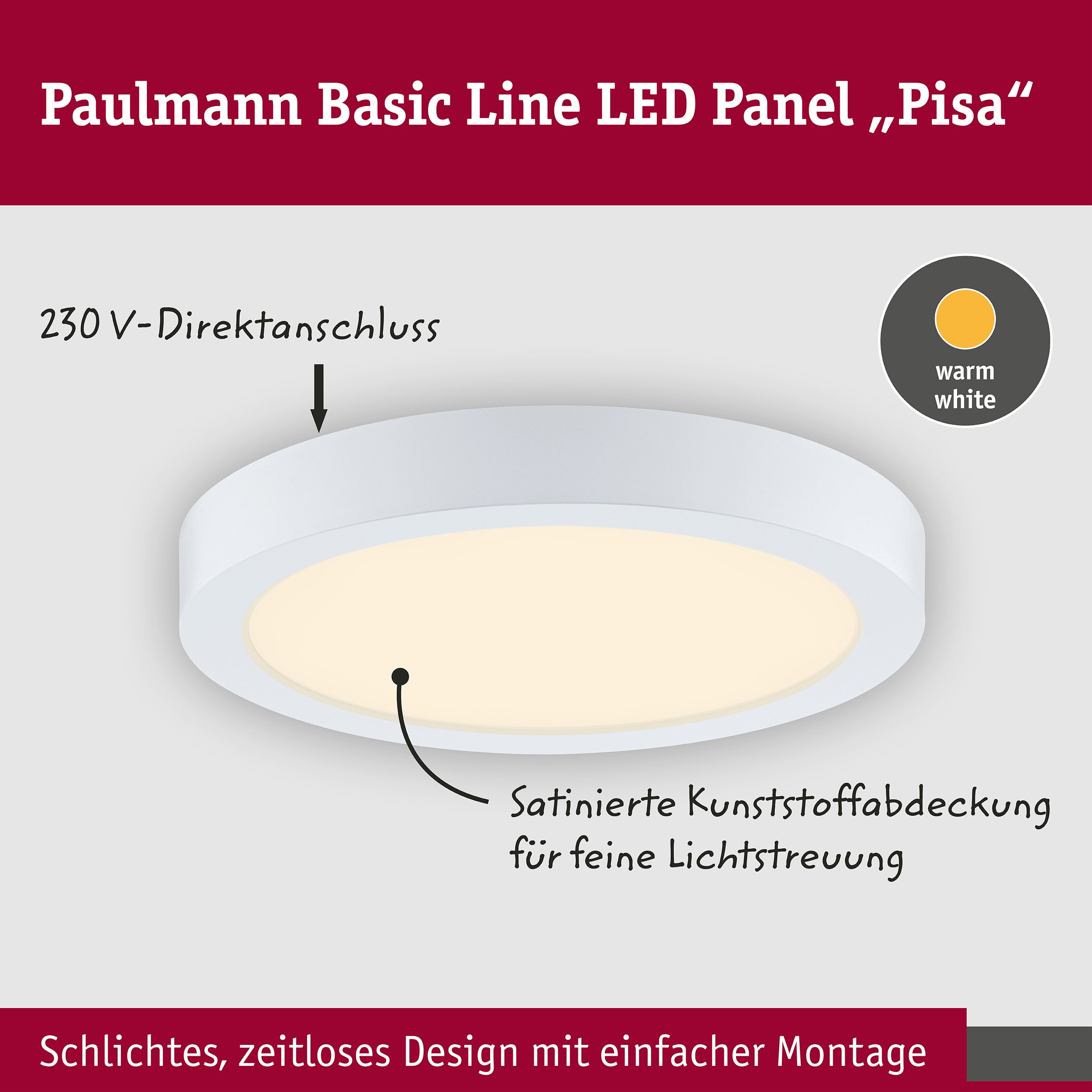 LED Panel Pisa 3000K 290mm 1800lm 17,6W Weiß matt