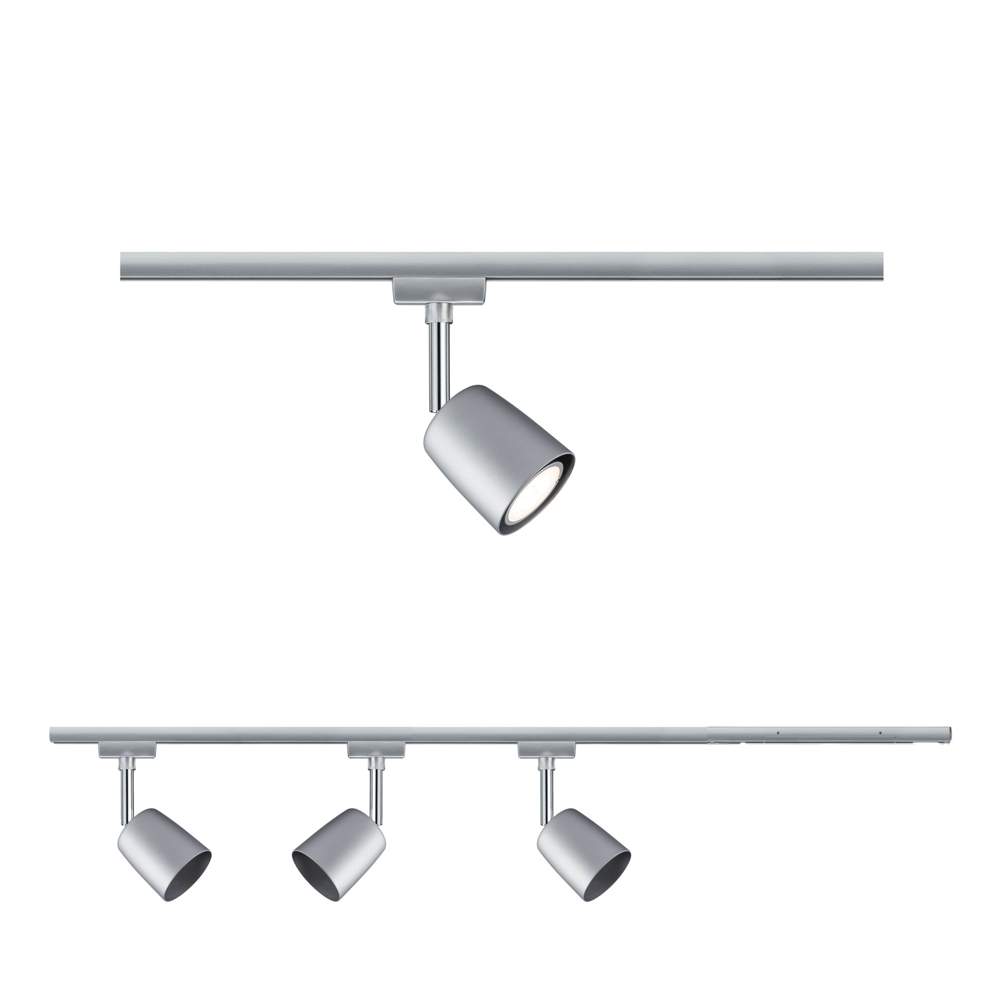 Rail LED à trois spots en métal argent mat pour éclairage intérieur moderne