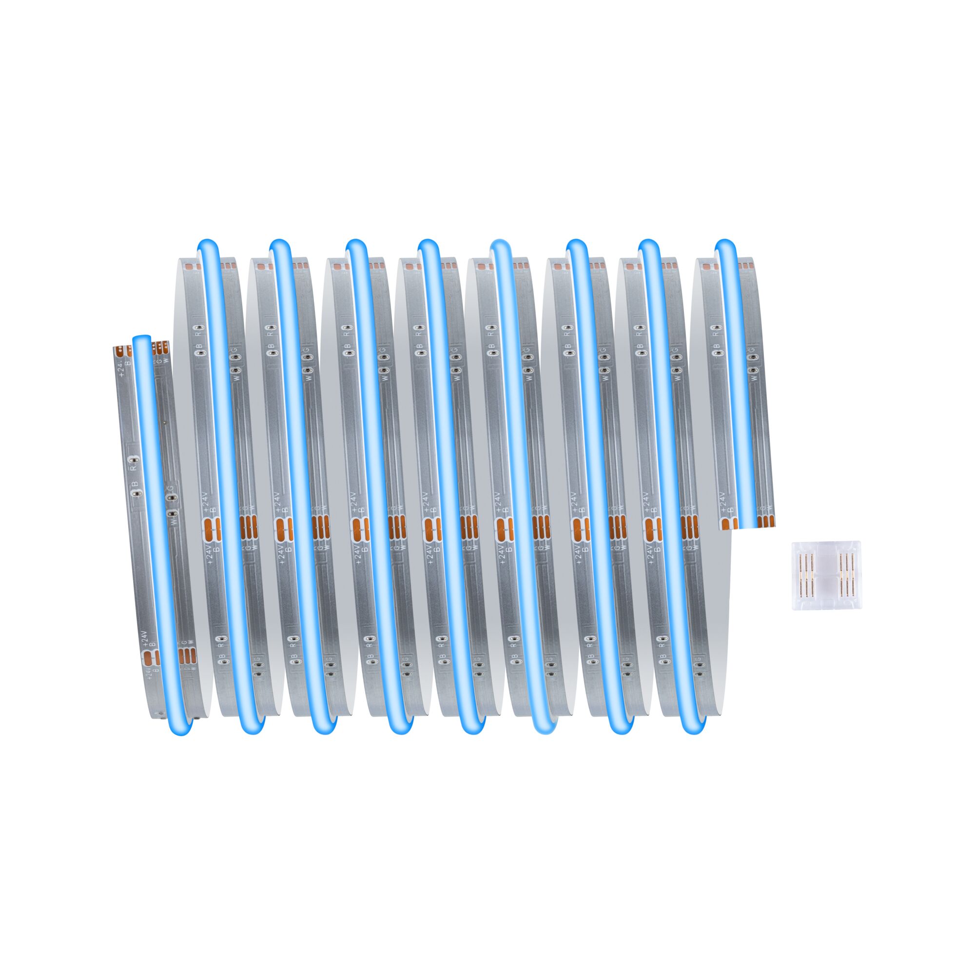 Flexible LED light strip with blue illumination and clear connector for modern lighting accents