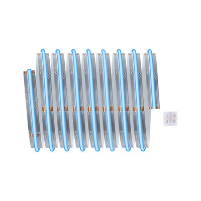 Flexible LED light strip with blue illumination and clear connector for modern lighting accents