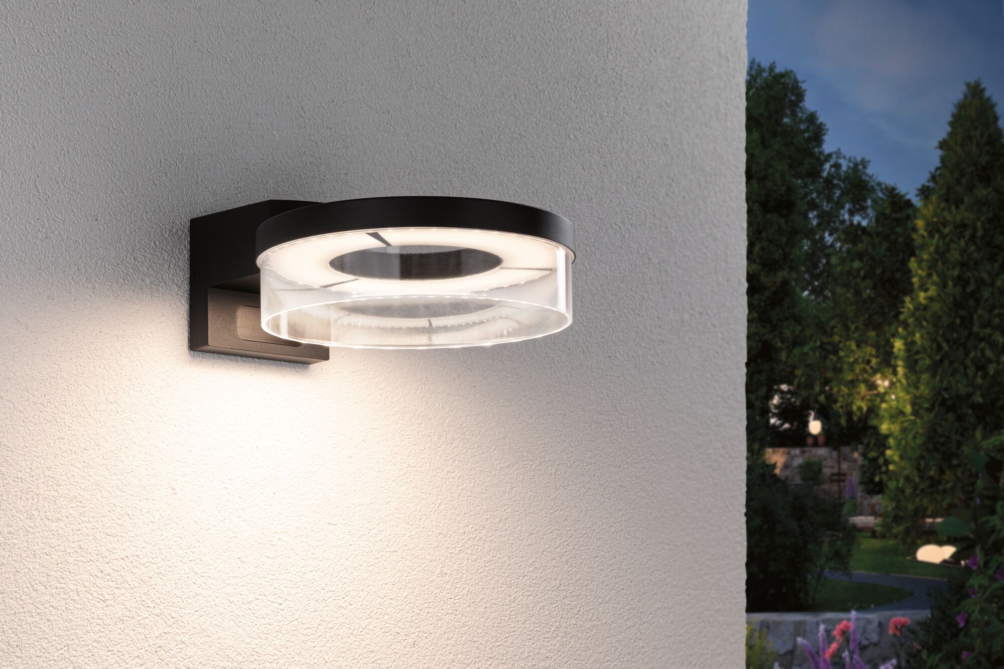 Moderner LED-Außenwandleuchter aus schwarzem Metall mit rundem Acrylglas für Gartenbeleuchtung