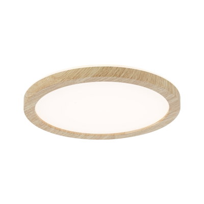 Round ceiling light with bright diffuser and natural wood frame for living spaces