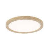 Round ceiling light with bright diffuser and natural wood frame for living spaces
