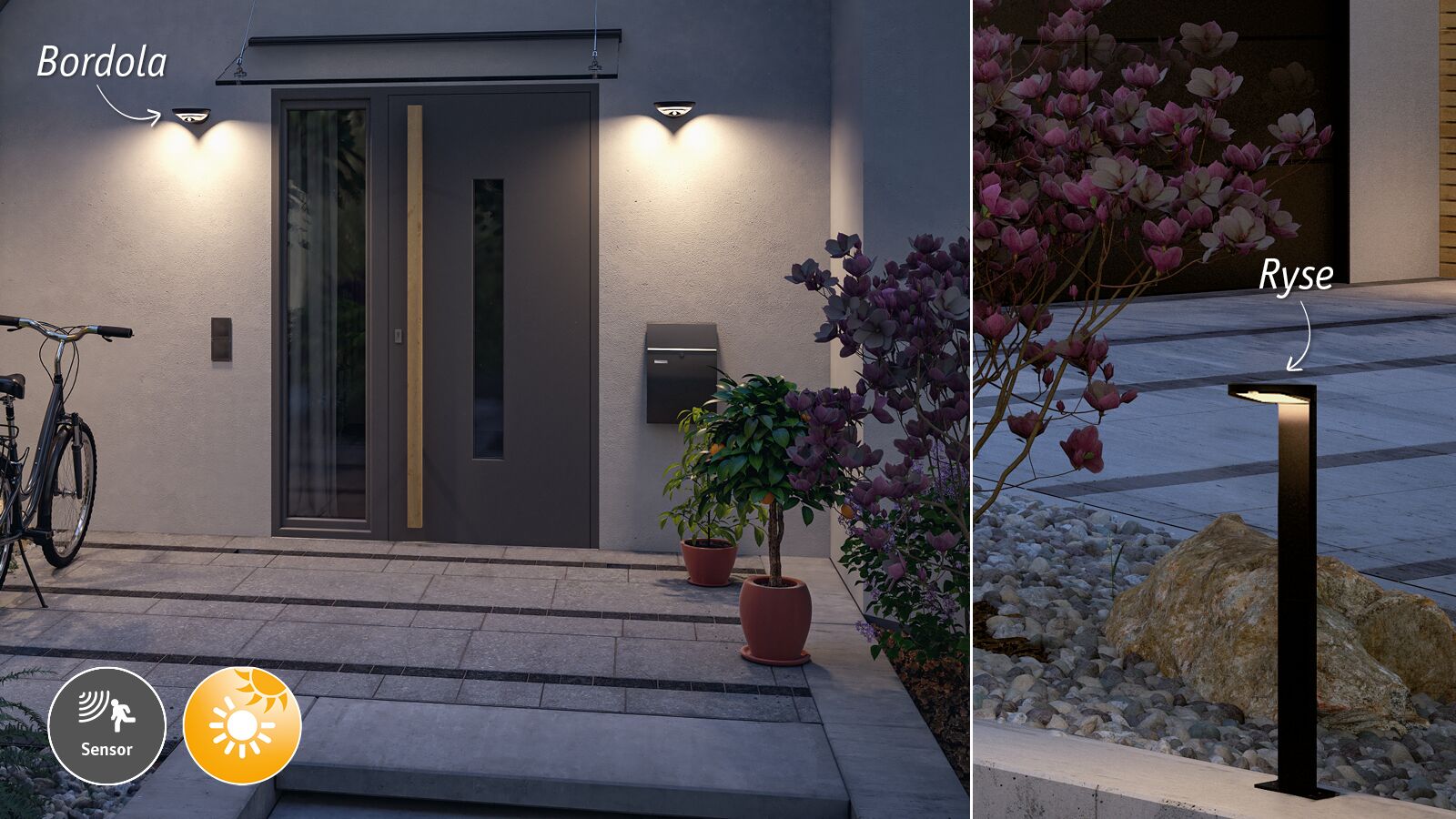 Lampes solaires noires modernes Bordola et Ryse avec détecteur de mouvement à l'entrée et jardin.