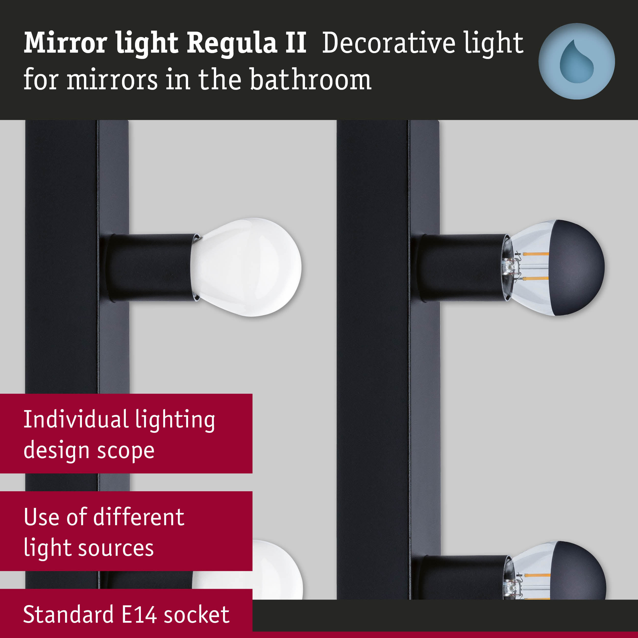 Black Regula II mirror light with E14 socket for bathroom featuring different light sources