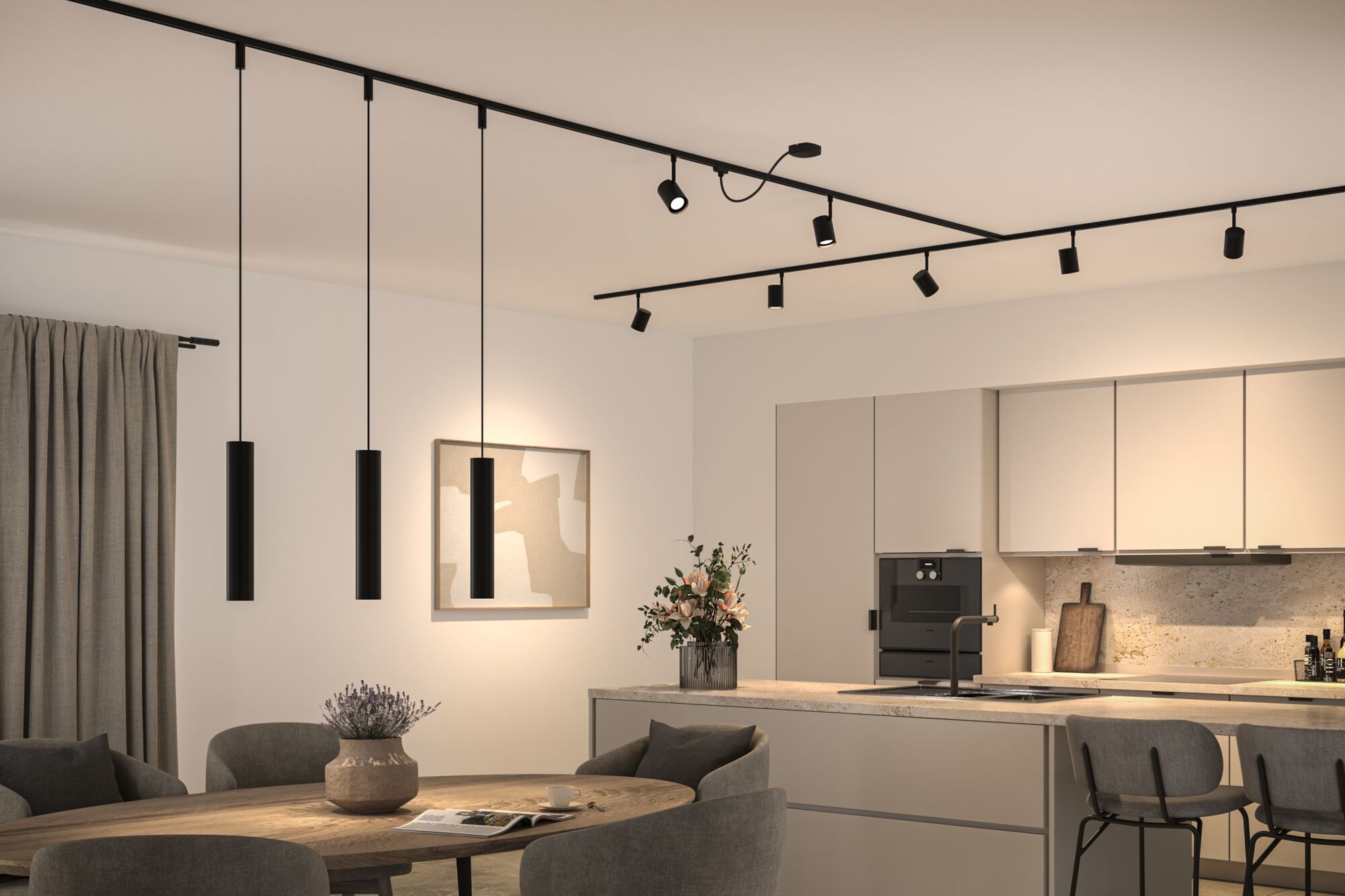 Éclairage sur rail URail noir avec spots LED et suspensions dans cuisine moderne pour lumière d'accent