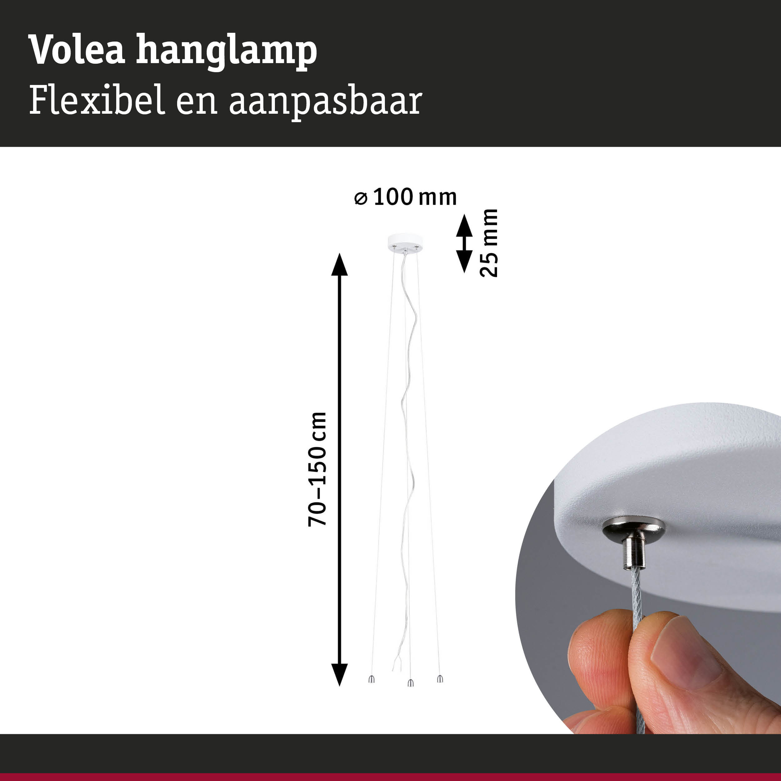 Flexibele witte Volea hanglamp met verstelbare lengte 70-150 cm en diameter 100 mm