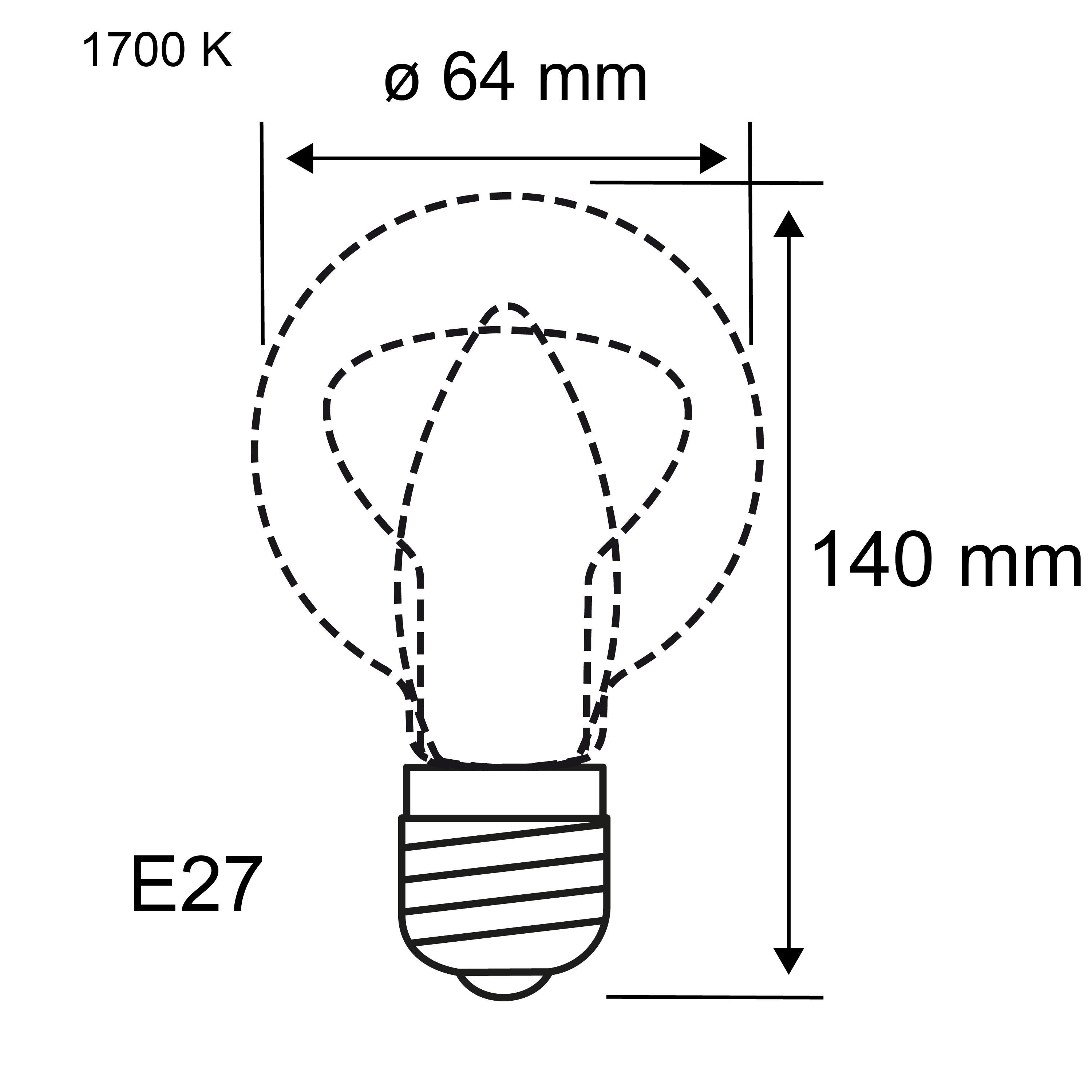 Teknisk tegning af en E27-pære med 64 mm diameter og 145 mm højde, 1700 K farvetemperatur.
