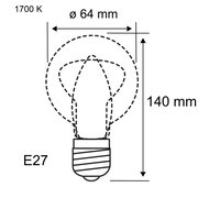 Teknisk tegning af en E27-pære med 64 mm diameter og 145 mm højde, 1700 K farvetemperatur.