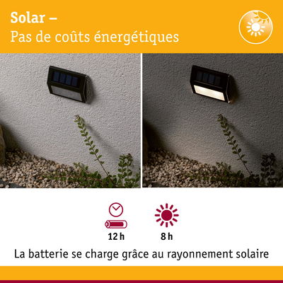 Applique murale solaire noire sur mur gris, vue jour et nuit, éclairage extérieur économique à batterie solaire