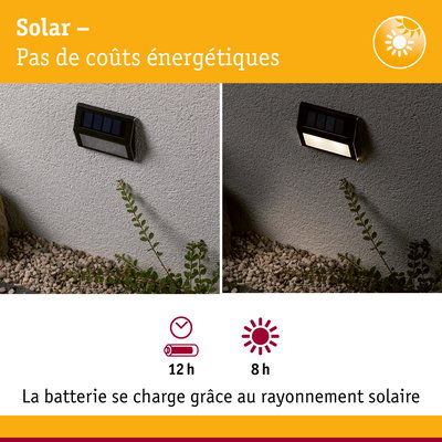 Applique murale solaire noire sur mur gris, vue jour et nuit, éclairage extérieur économique à batterie solaire
