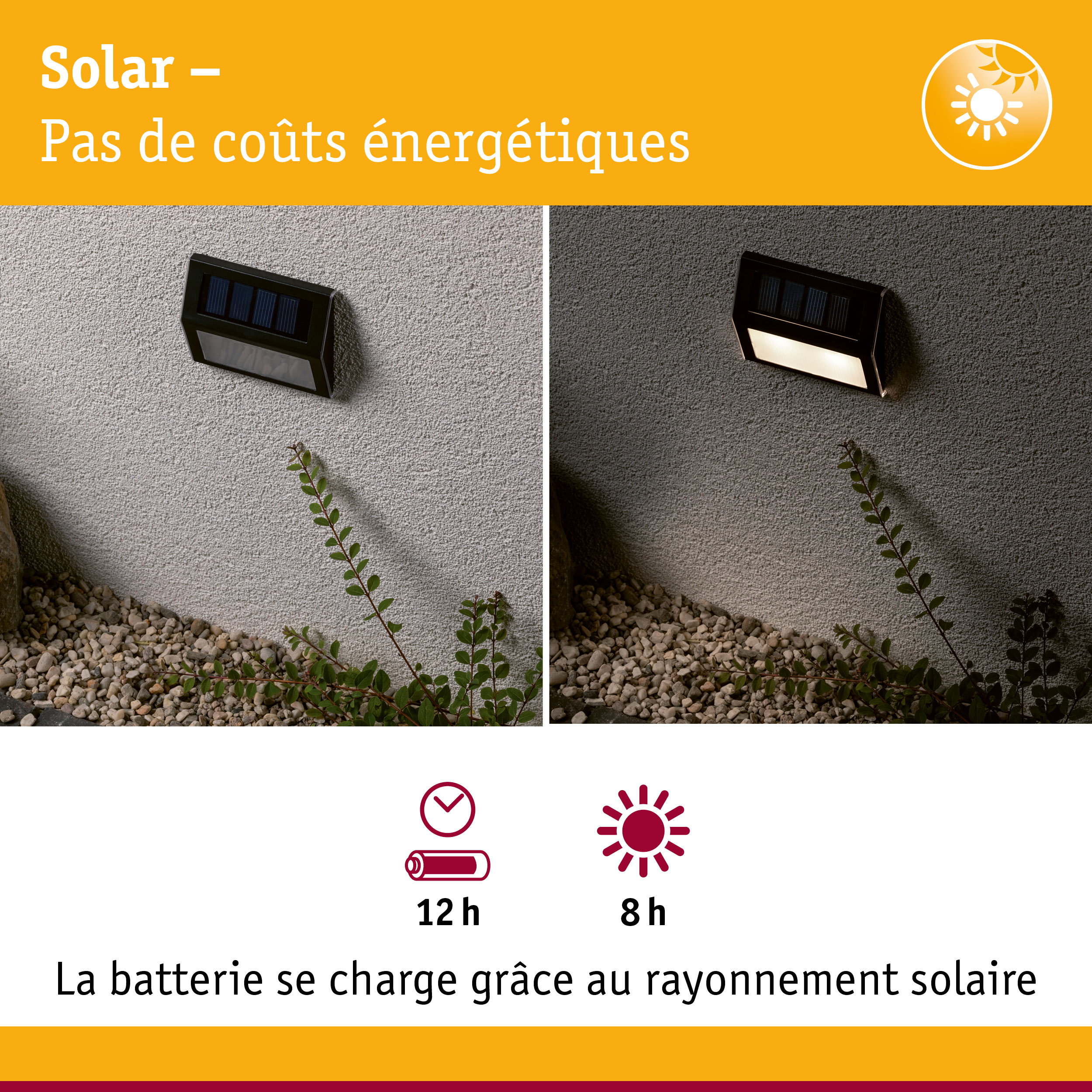 Applique murale solaire noire sur mur gris en vue jour et nuit, éclairage extérieur économique en énergie