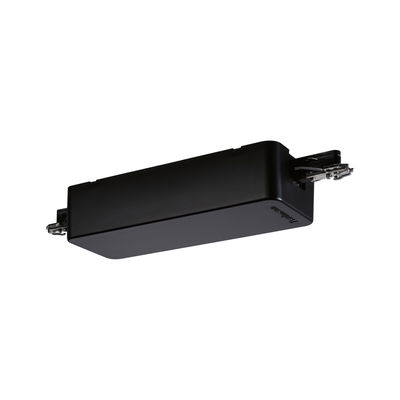 Black plastic housing with metal clips for LED track lighting, modern design element