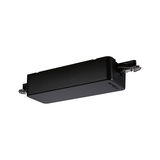 Black plastic housing with metal clips for LED track lighting, modern design element