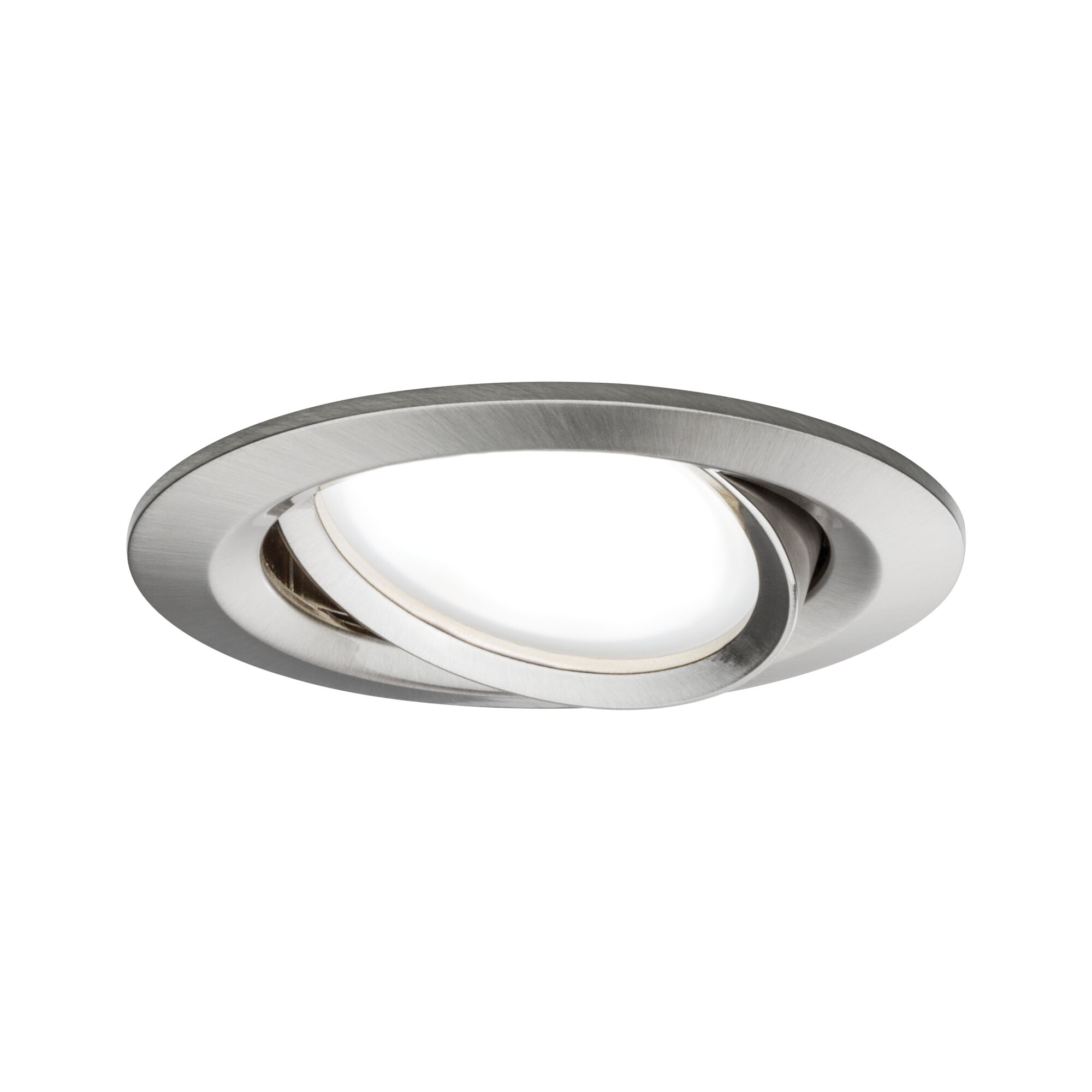 Round adjustable recessed spotlight in brushed stainless steel for modern LED lighting.