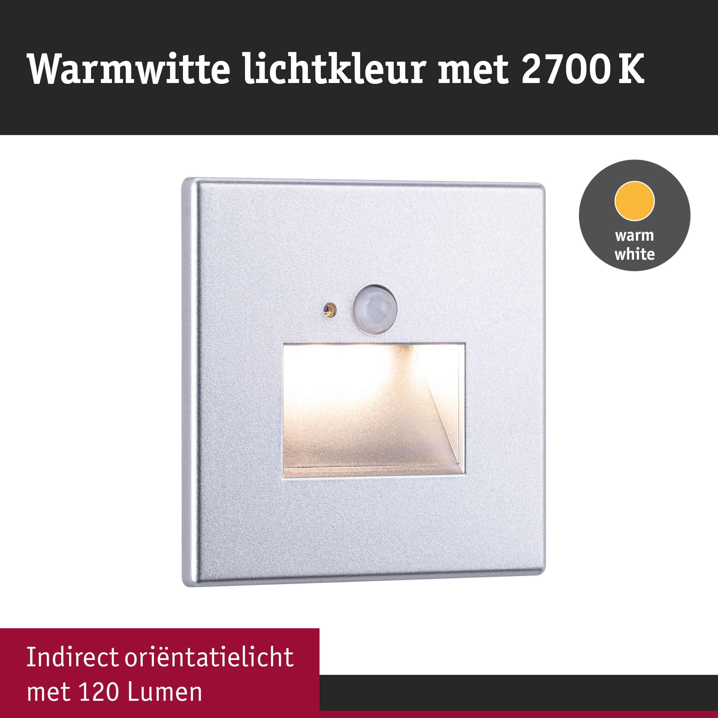 Zilverkleurige metalen indirecte oriëntatielamp met warm wit licht van 2700K en 120 lumen