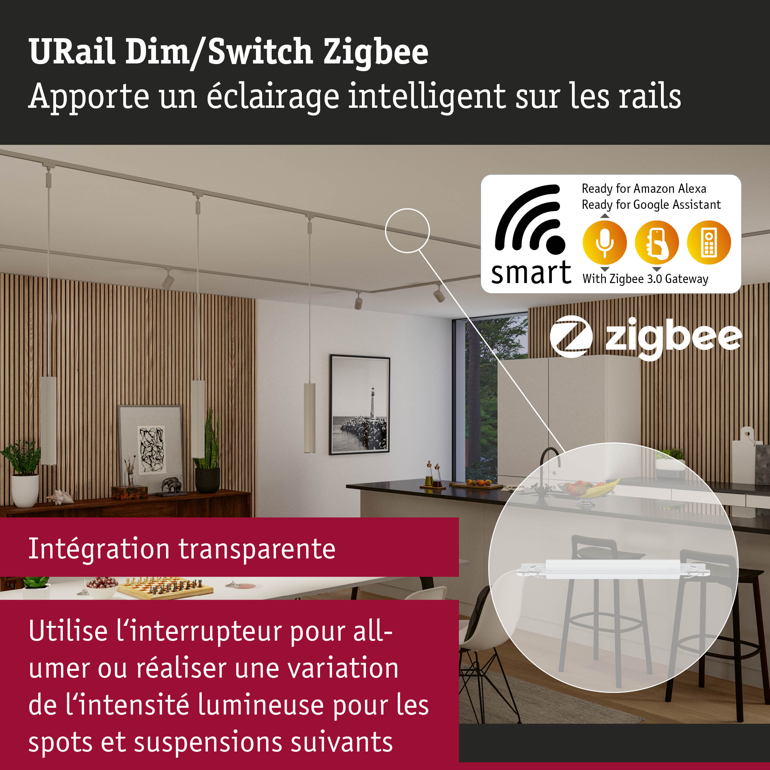 Contrôleur intelligent URail Dim/Switch Zigbee pour éclairage sur rail compatible Alexa et Google Assistant