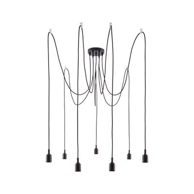 Modern black pendant light with nine cables and plastic sockets for flexible room lighting