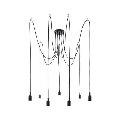 Modern black pendant light with nine cables and plastic sockets for flexible room lighting