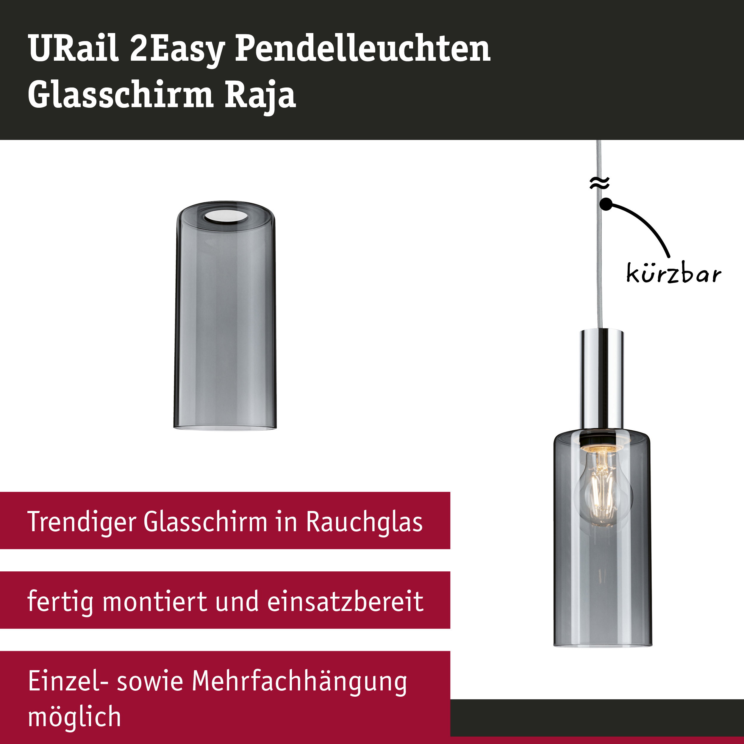URail 2Easy Pendelleuchte mit rauchgrauem Glas und Chrom-Fassung, moderne Hängelampe