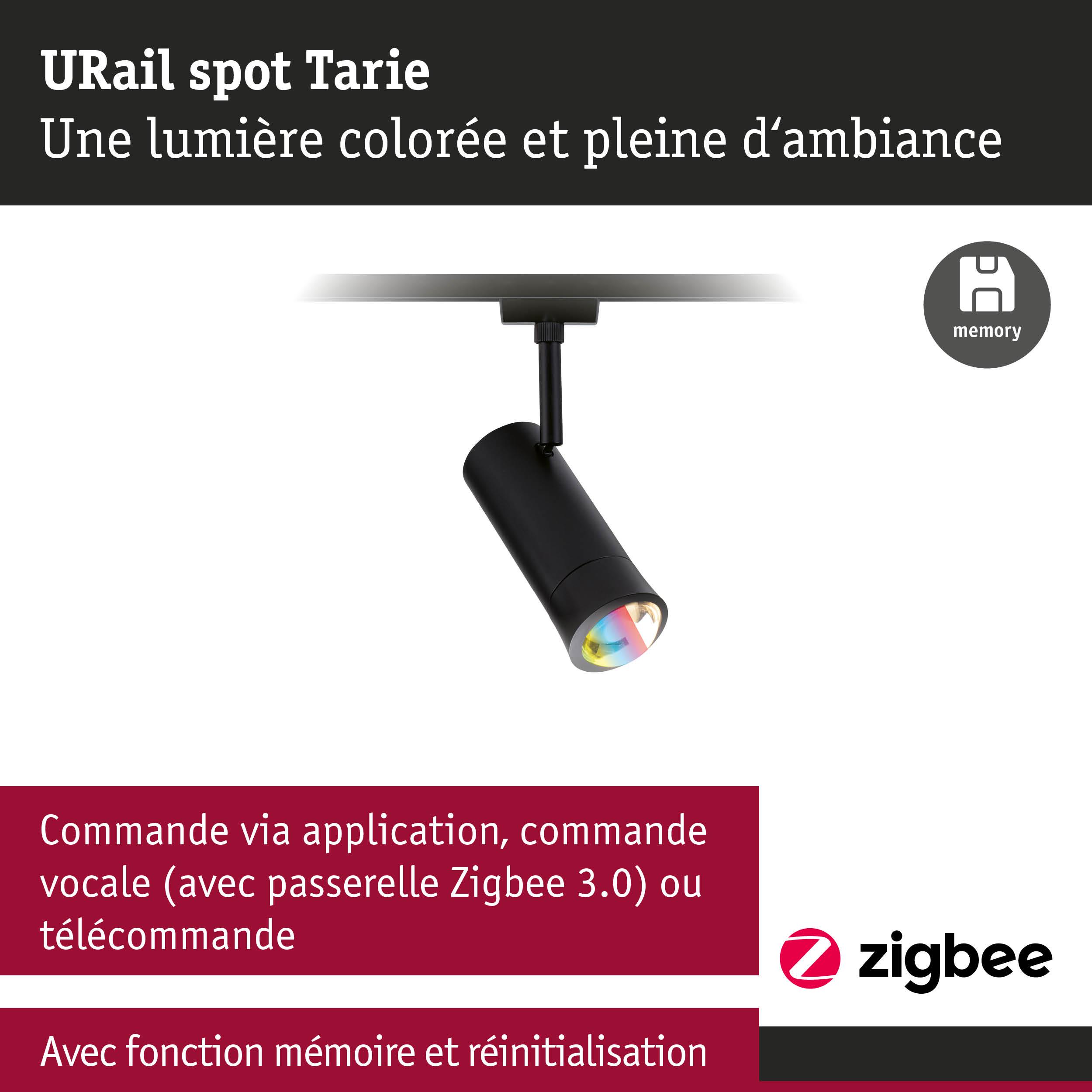 Spot URail Tarie noir avec lumière colorée et commande Zigbee intelligente