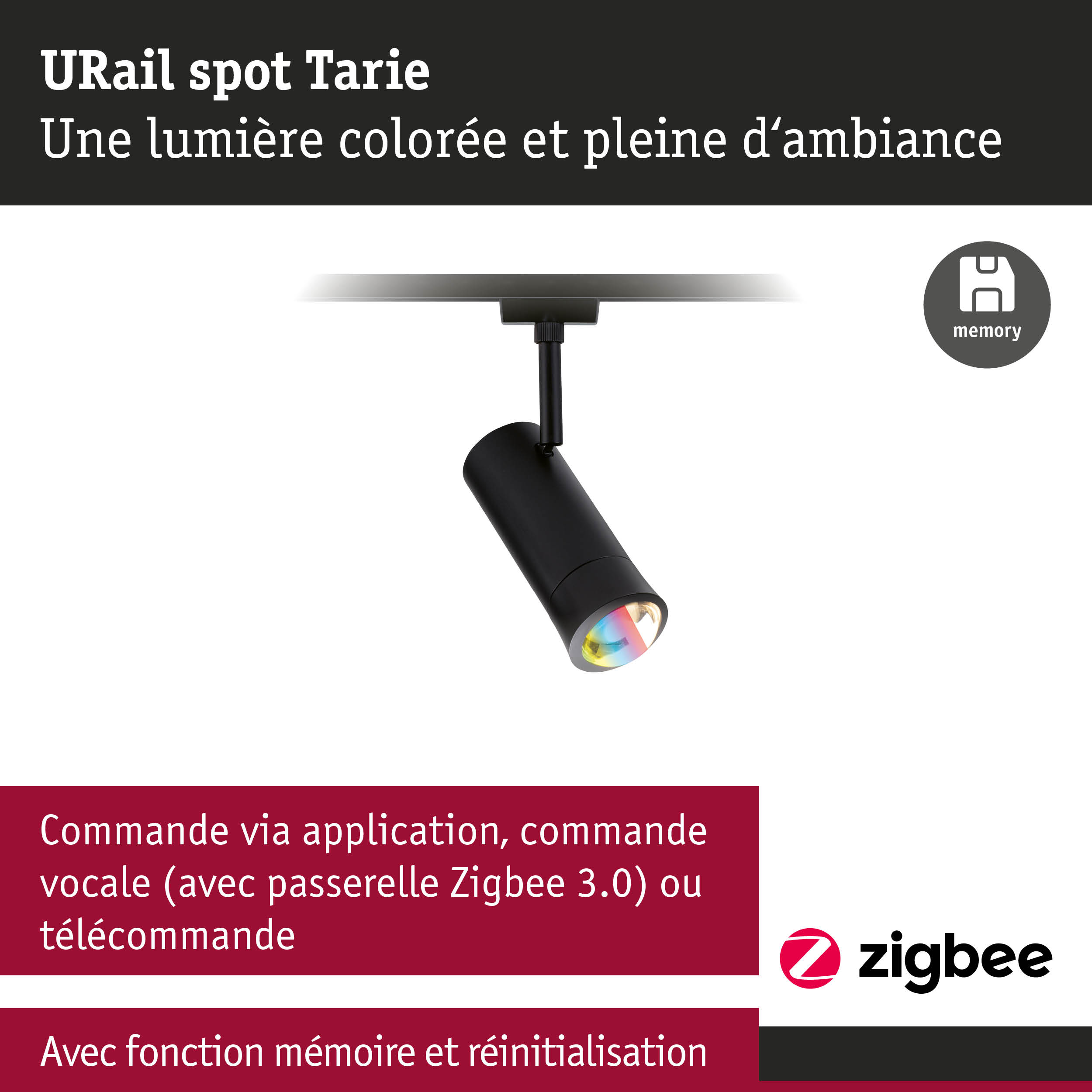 Spot URail Tarie noir avec lumière colorée et fonction mémoire pour commande Zigbee intelligente