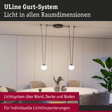Modernes ULine Gurt-System mit zwei weißen Kugel-Pendelleuchten über rundem Tisch im Esszimmer