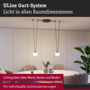 Modernes ULine Gurt-System mit weißen Kugelpendelleuchten über rundem Esstisch in Grau