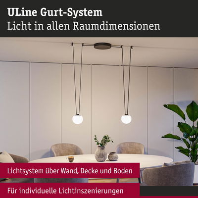 Modernes ULine Gurt-System mit zwei weißen Kugel-Pendelleuchten über rundem Tisch im Esszimmer
