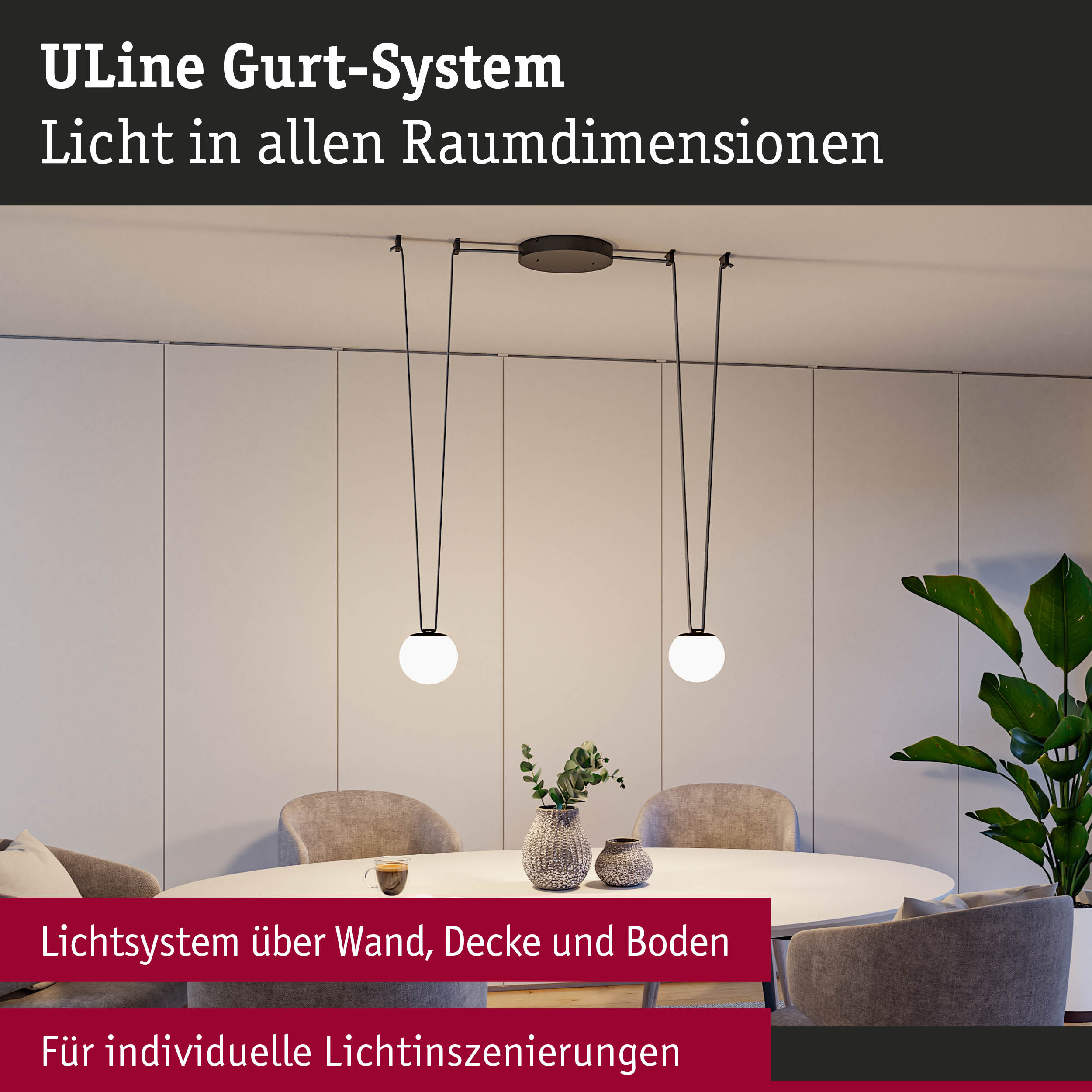 Modernes ULine Gurt-System mit weißen Kugelpendelleuchten über rundem Esstisch in Grau