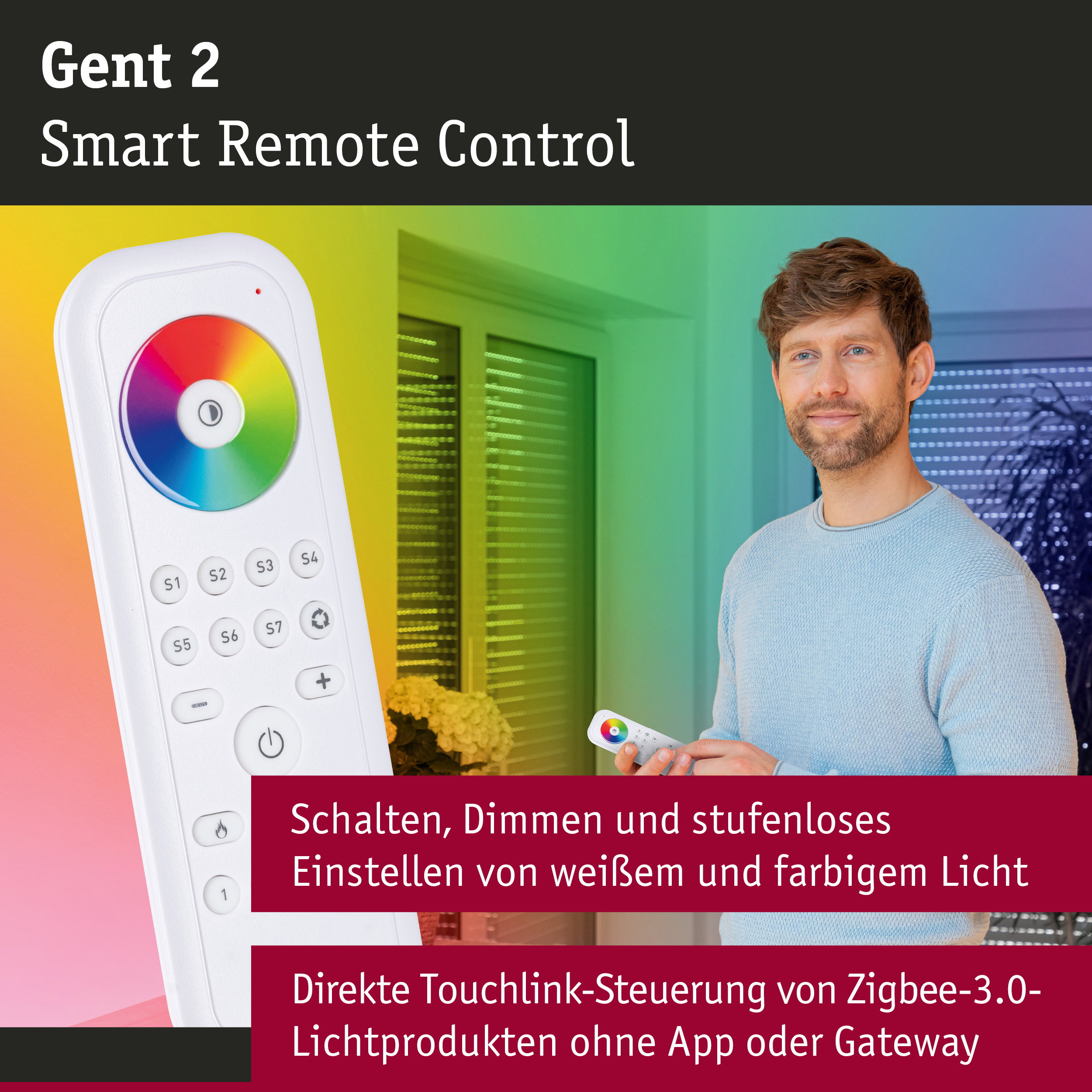 Weiße Smart Remote Control mit Farbkreis und Tasten für Lichtsteuerung, moderne Fernbedienung