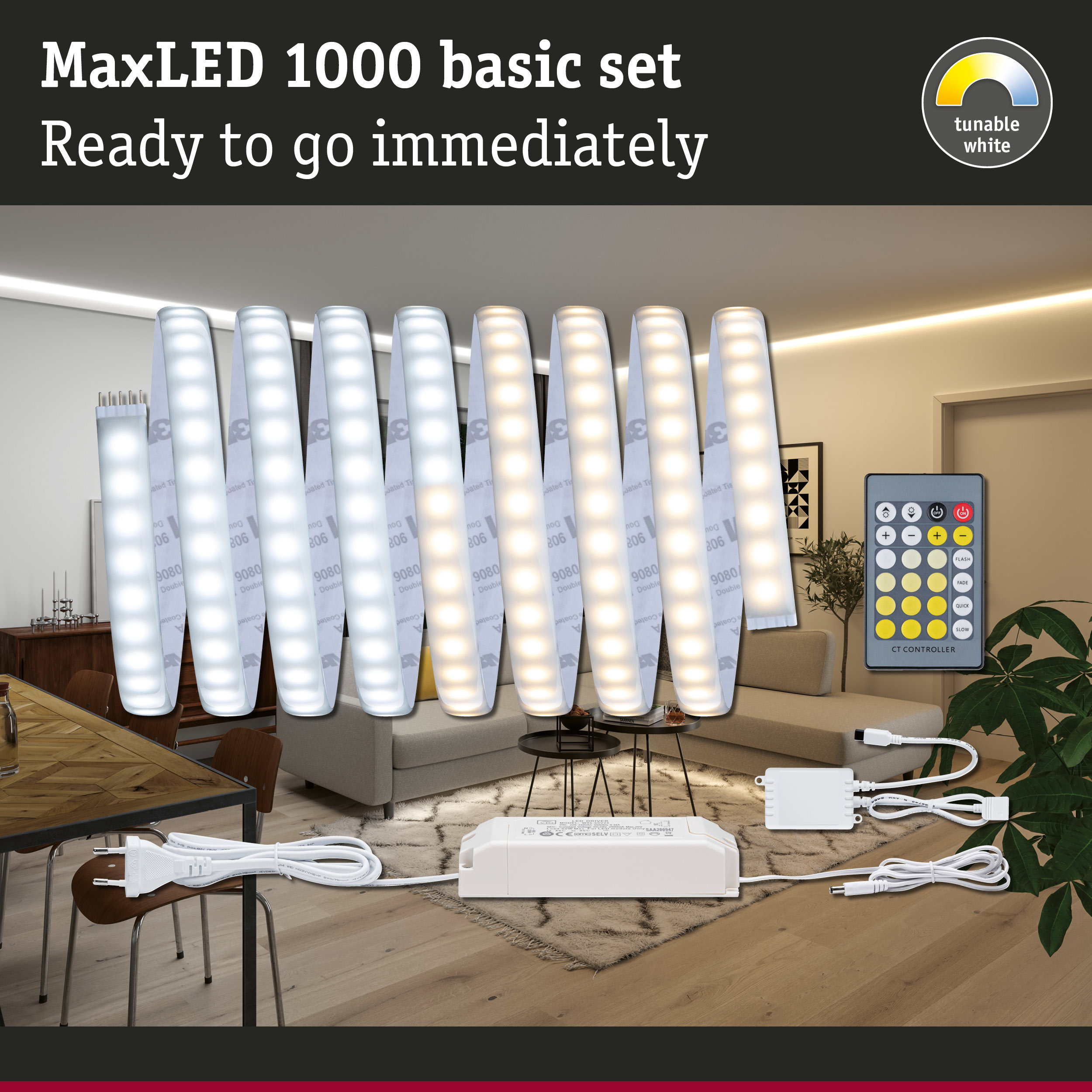 MaxLED 1000 LED strip light with remote and white cable for dimmable, tunable white lighting