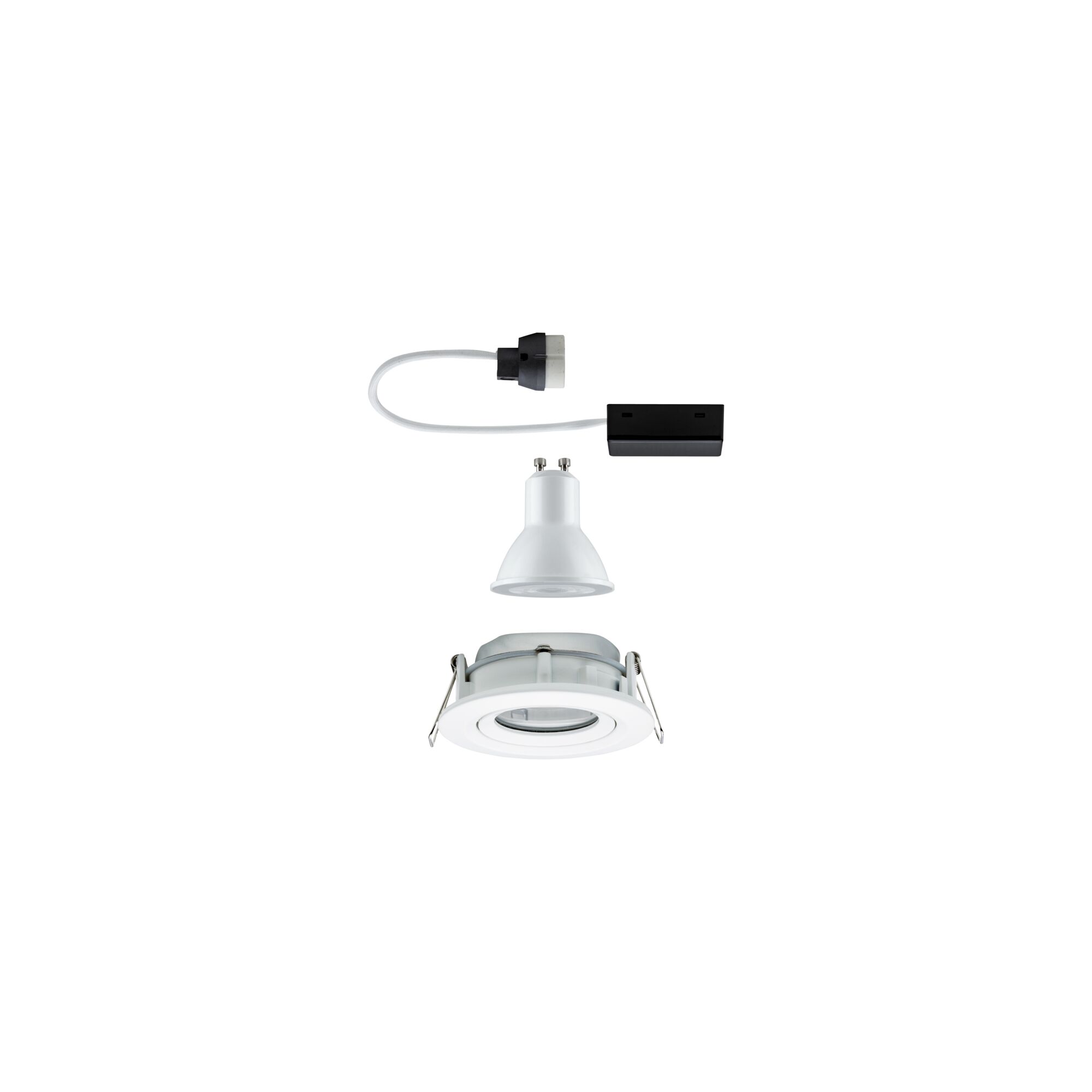 White recessed spotlight with GU10 LED bulb and connector cable for energy-efficient lighting
