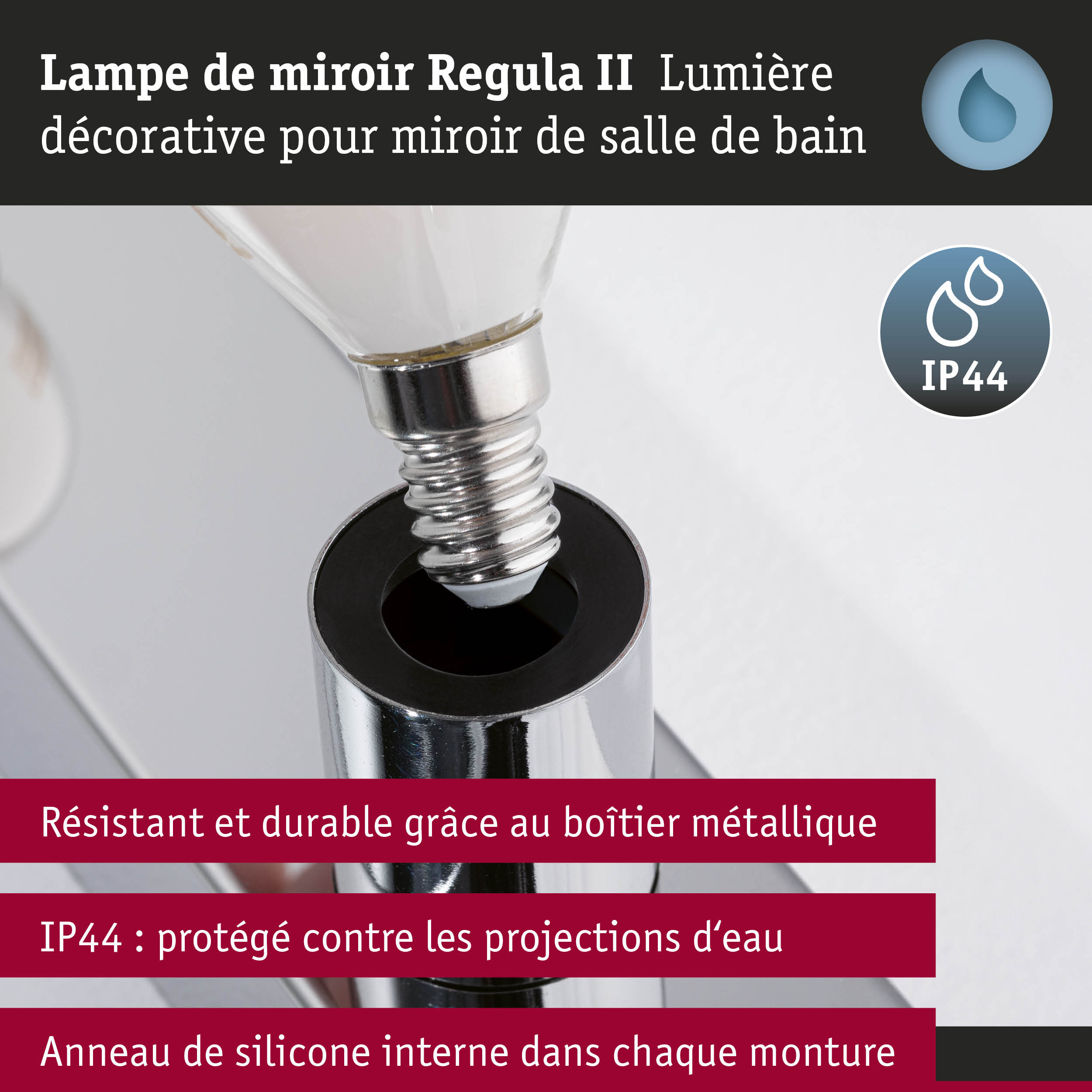 Kit Éclairage de miroir Regula II ampoules incluses 4-flammes IP44 E14 2700K 4x470lm 230V 4x4,5W gradable Chrome/Opale