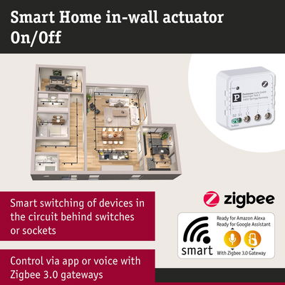 White plastic Smart Home in-wall actuator for Zigbee 3.0 control via app and voice commands