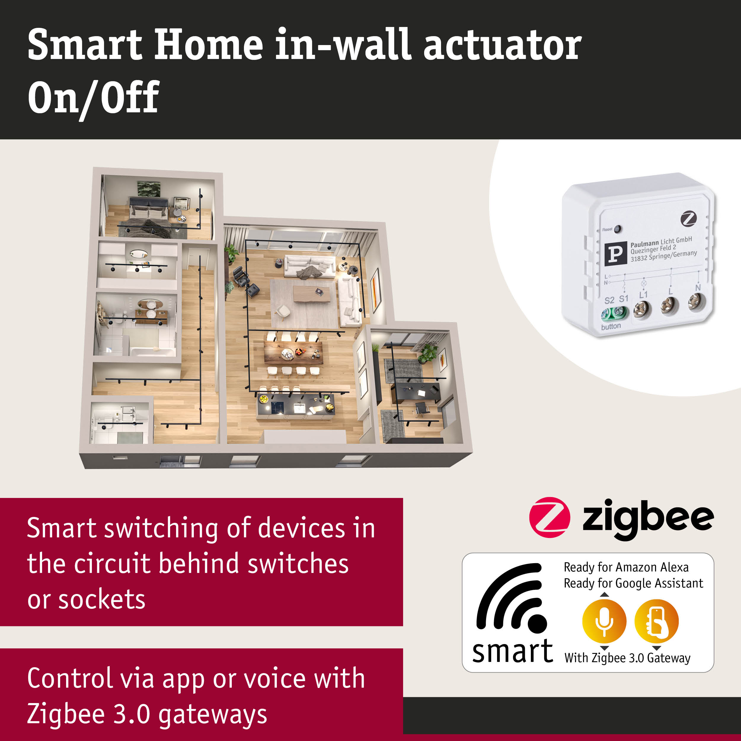 White smart home in-wall on/off actuator with Zigbee 3.0 gateway for app and voice control