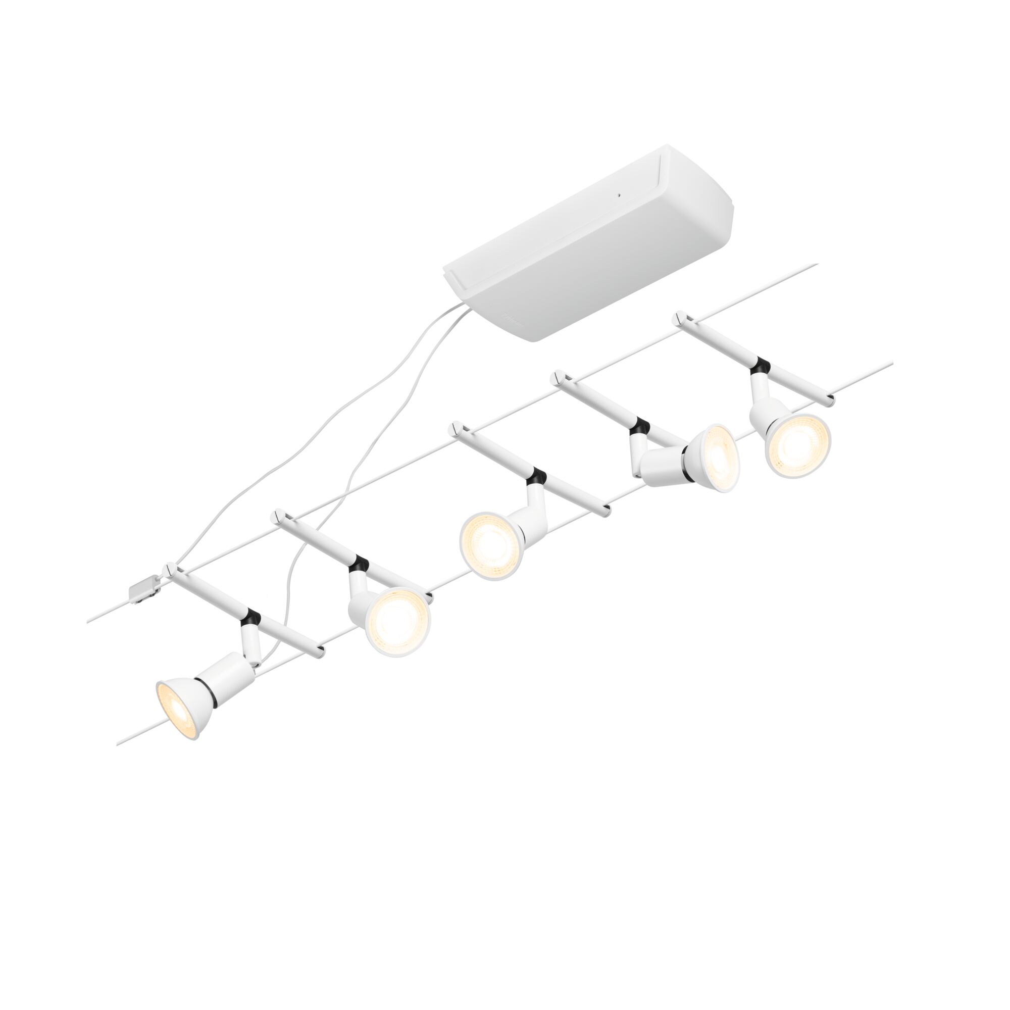 White LED cable lighting system with five adjustable metal spotlights for modern room illumination