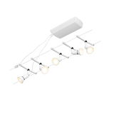 White LED cable lighting system with five adjustable metal spotlights for modern room illumination
