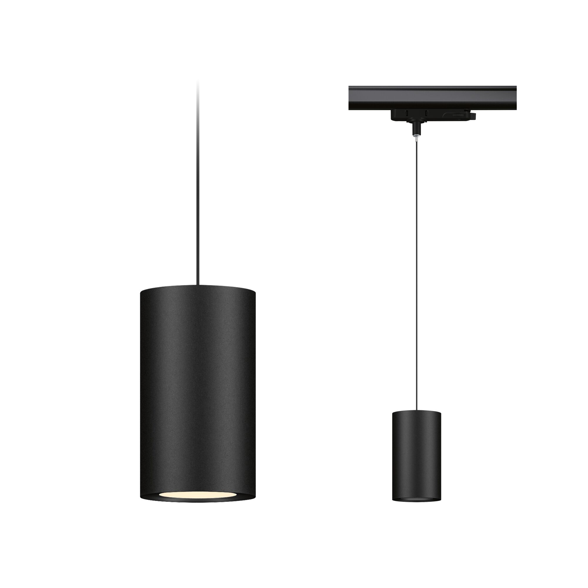 Black cylindrical metal pendant light with LED for modern interior lighting solutions.