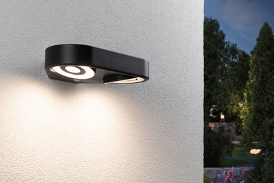 Schwarze LED-Außenwandleuchte mit rundem Lichtdesign aus Metall, moderne Gartenbeleuchtung für Hauswand.