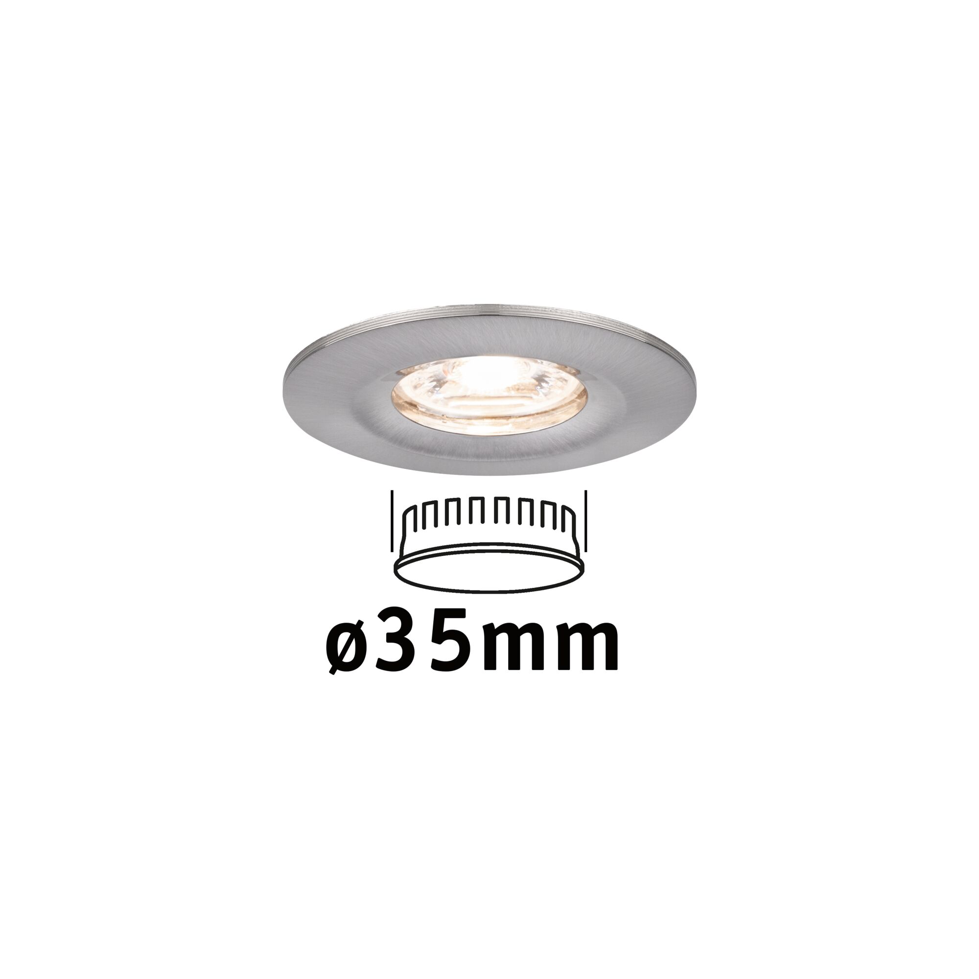 Spot encastré LED Nova Mini Coin Luminaire individuel fixe IP44 rond 65mm Coin 4W 310lm 230V 2700K Acier brossé Spot encastré rond en aluminium brossé argenté de 35 mm de diamètre pour éclairage LED